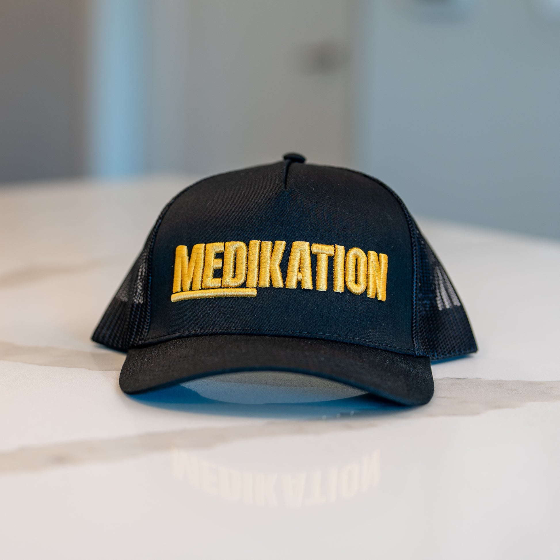 MEDIKATION Gold-Stitch Trucker Hat — detail view 3