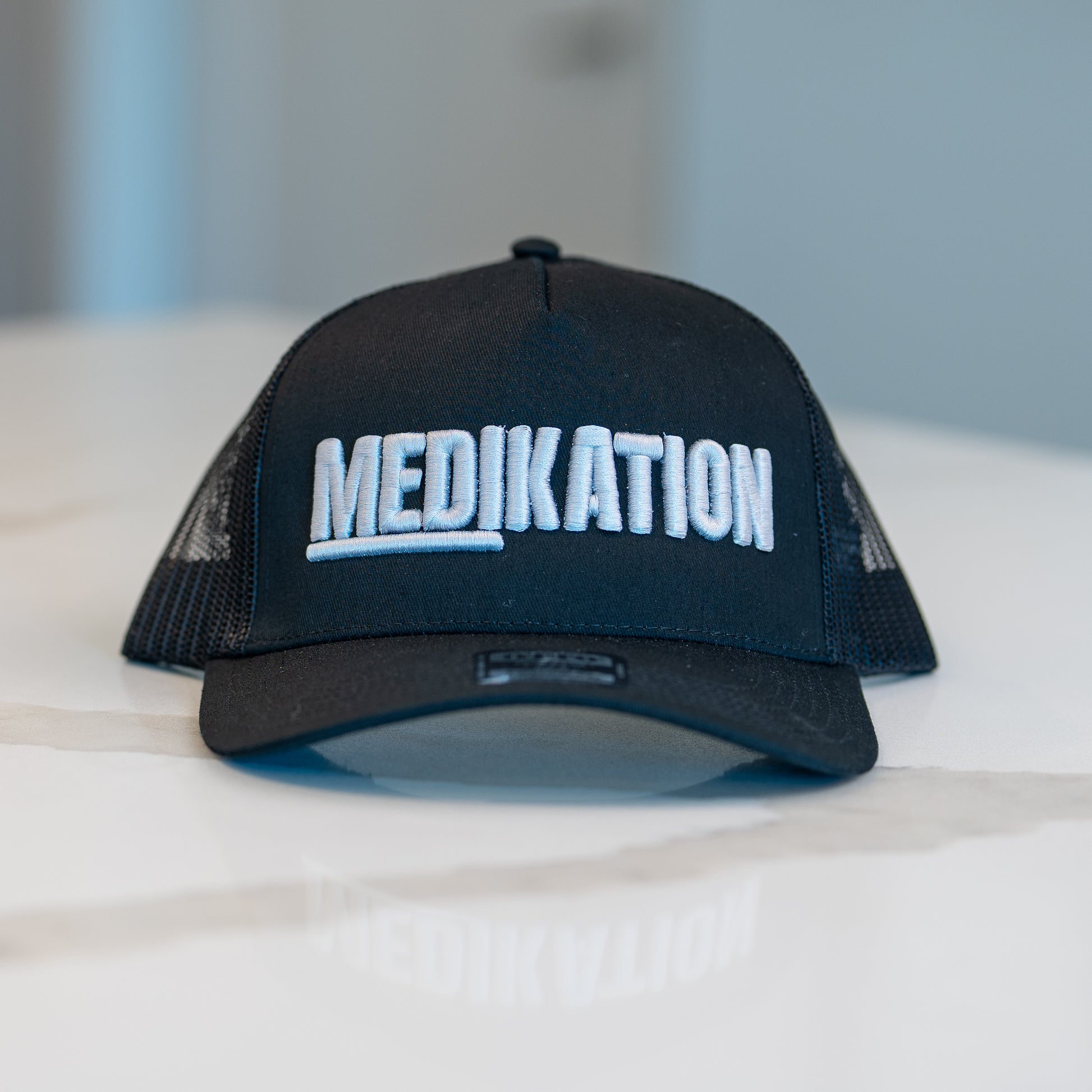 MEDIKATION Grey-Stitch Trucker Hat — detail view 2