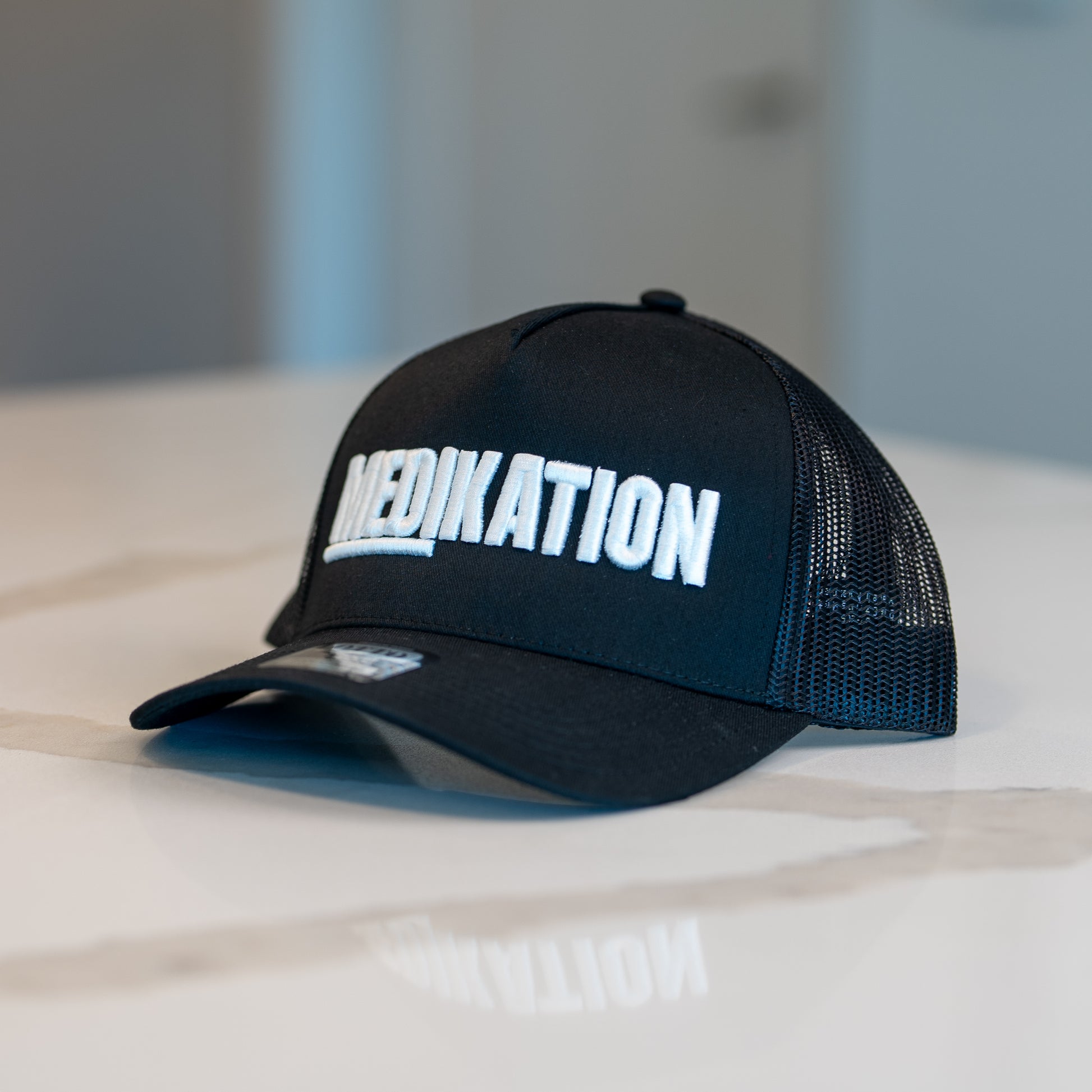 MEDIKATION White-Stitch Trucker Hat — detail view 2